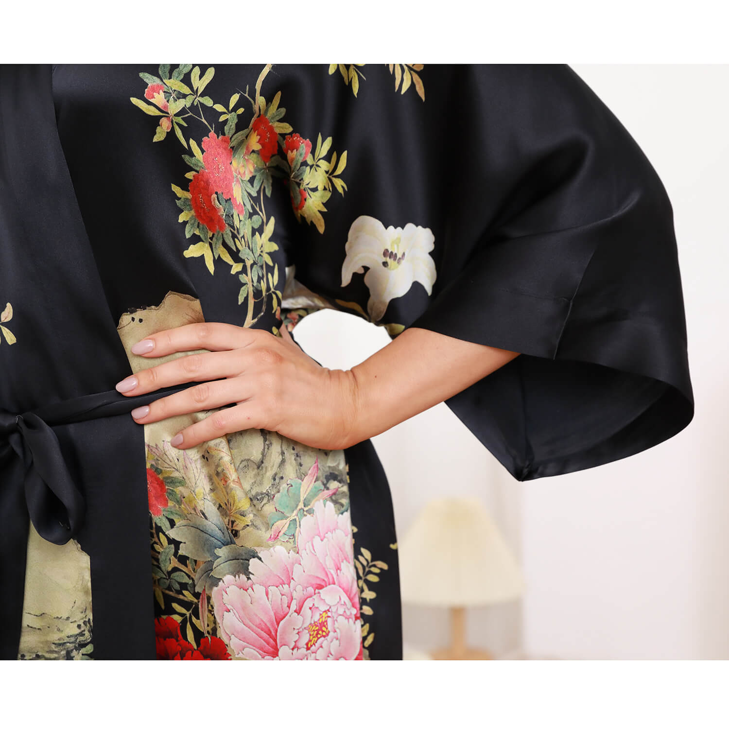 Floral Print Silk Kimono Robes Peony Blossoms Silk Bathrobe