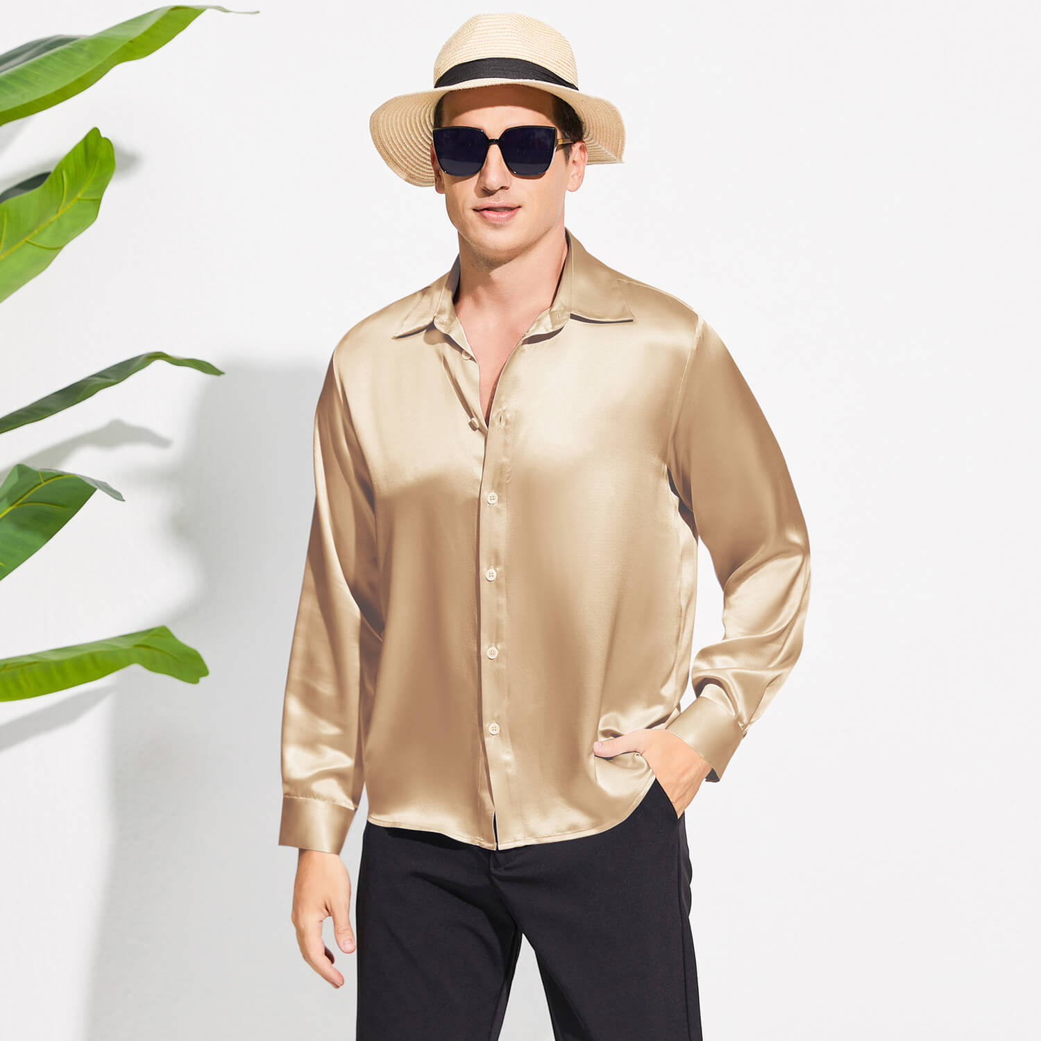 100% Mulberry Men's Silk Shirt Long Pure Silk Dress Shirts