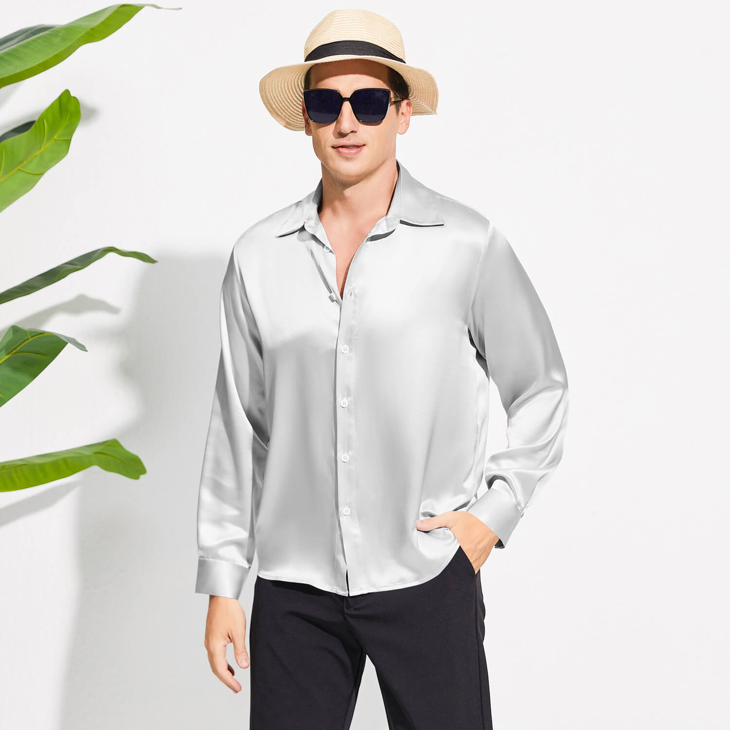 100% Mulberry Men's Silk Shirt Long Pure Silk Dress Shirts