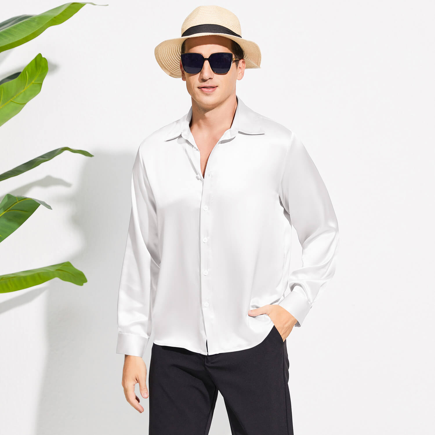 100% Mulberry Men's Silk Shirt Long Pure Silk Dress Shirts