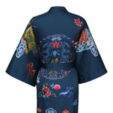 Short Crane And Dragon Print Pure Silk Kimono Robes