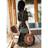 100% Silk Black Floral Print Dress Ladies Summer Chic Silk Dresses