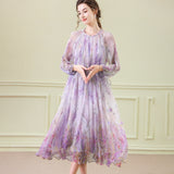 Floral Silk Midi Dress with Sheer Long Sleeves Silk Dresses for Women
