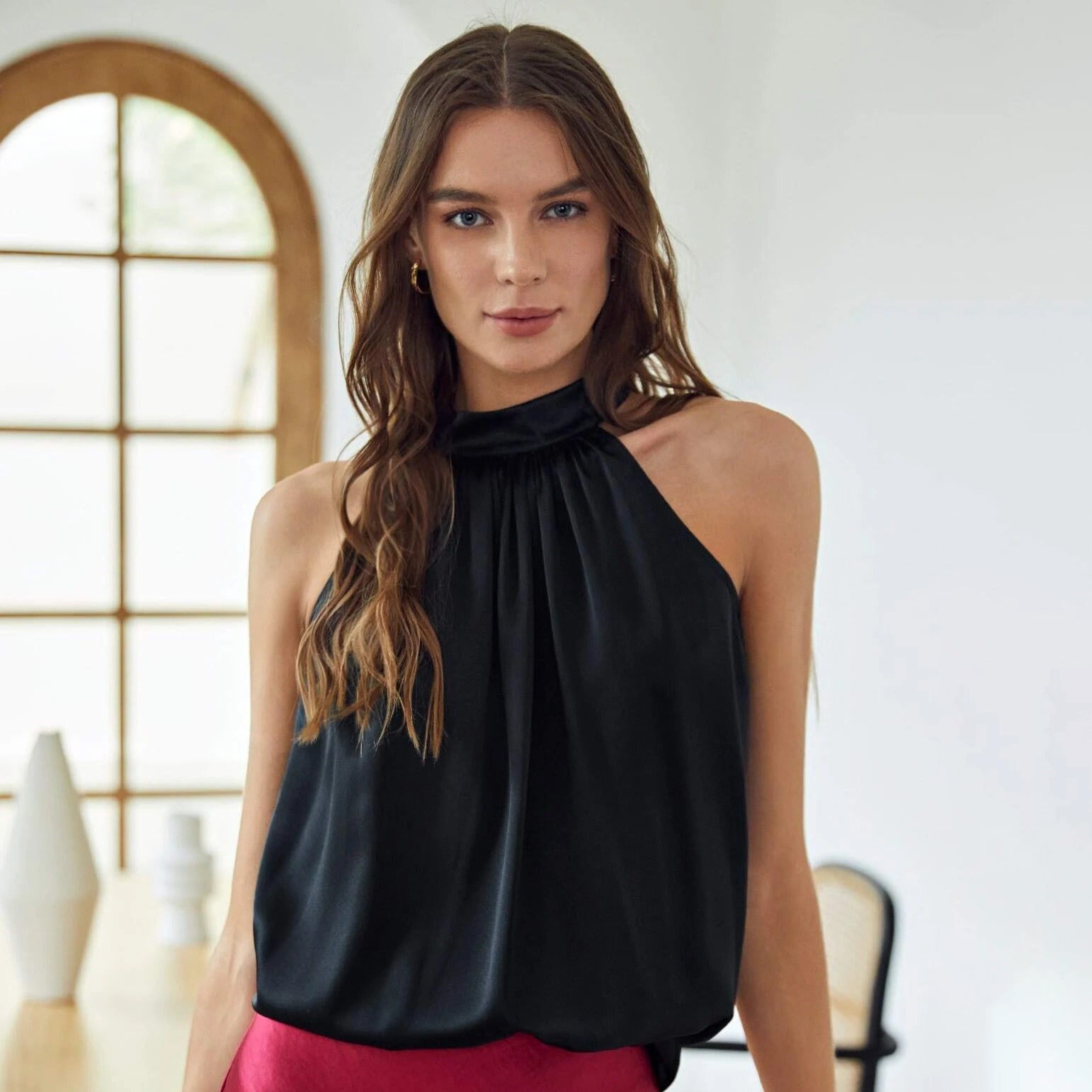 22 Momme Sleeveless Silk Shirt Silk Gathered Halter Top Burgundy XS