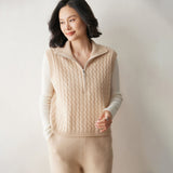Womens Cable Knit Cashmere Vest Zip Mock Neck Cashmere Sweater Vest