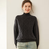 Womens Diamond Knit Cashmere Sweater Turtleneck Cashmere Pullover