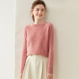 Womens Diamond Knit Cashmere Sweater Long Sleeve Crew Neck Cashmere Pullover