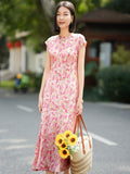 Cap Sleeve Silk Summer Dress Silk Maxi Dress for Women Long Silk Floral Dress
