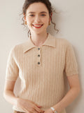 Womens Polo Neck Cashmere Sweater Short Sleeve Cable Knit Cashmere Top