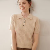 Womens Polo Neck Cashmere Sweater Short Sleeve Cable Knit Cashmere Top
