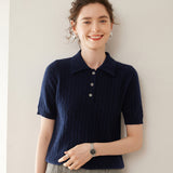 Womens Polo Neck Cashmere Sweater Short Sleeve Cable Knit Cashmere Top