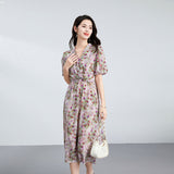 Womens Silk Floral Wrap Midi Dress Puff Sleeve Pleated Waist Silk Dress