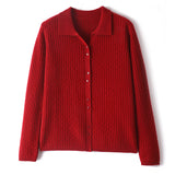 Womens Pure Cashmere Cardigan Cable Knit Button Front Polo Neck Cashmere Sweater