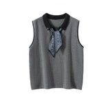 Womens Polo Neck Cashmere Vest Contrast Trim Sleeveless Cashmere Knit Sweater