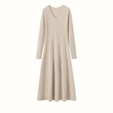Womens V Neck Cashmere Dress Ribbed Knit Long Sleeve Cashmere Maxi Dress