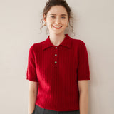 Womens Polo Neck Cashmere Sweater Short Sleeve Cable Knit Cashmere Top