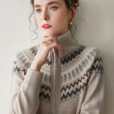 Womens Fair Isle Cashmere Cardigan Full Zip Mock Neck Cashmere Sweater