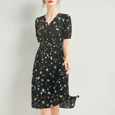 Womens Silk Wrap Midi Dress Puff Sleeve Floral Print Black Silk Dress
