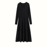 Womens V Neck Cashmere Dress Ribbed Knit Long Sleeve Cashmere Maxi Dress