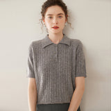 Womens Polo Neck Cashmere Sweater Short Sleeve Cable Knit Cashmere Top