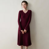 Womens Ribbed V-Neck Cashmere Midi Dress with Flared Sleeves