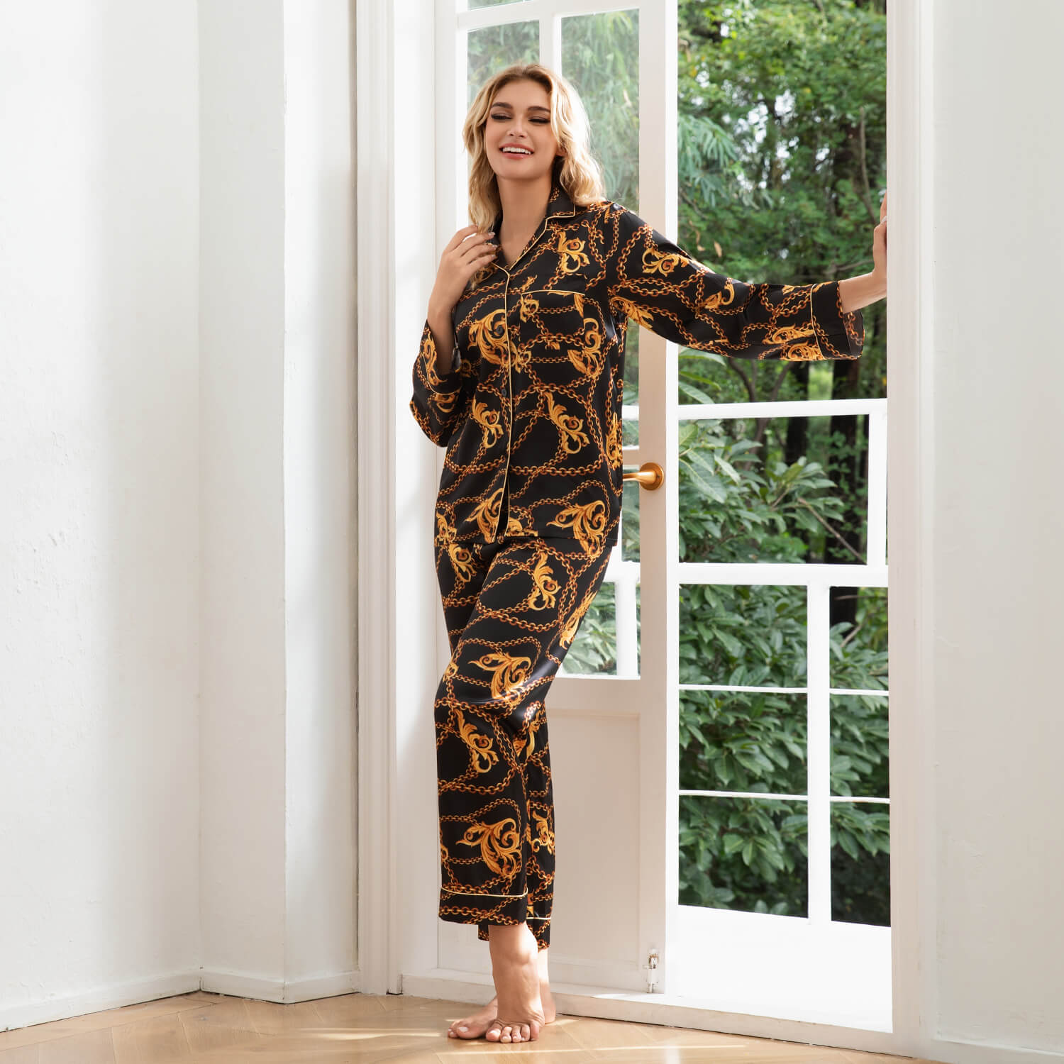 Baroque Chain Print Silk Pajama Set Long Silk Pajamas Silk Two Piece Lounge Set