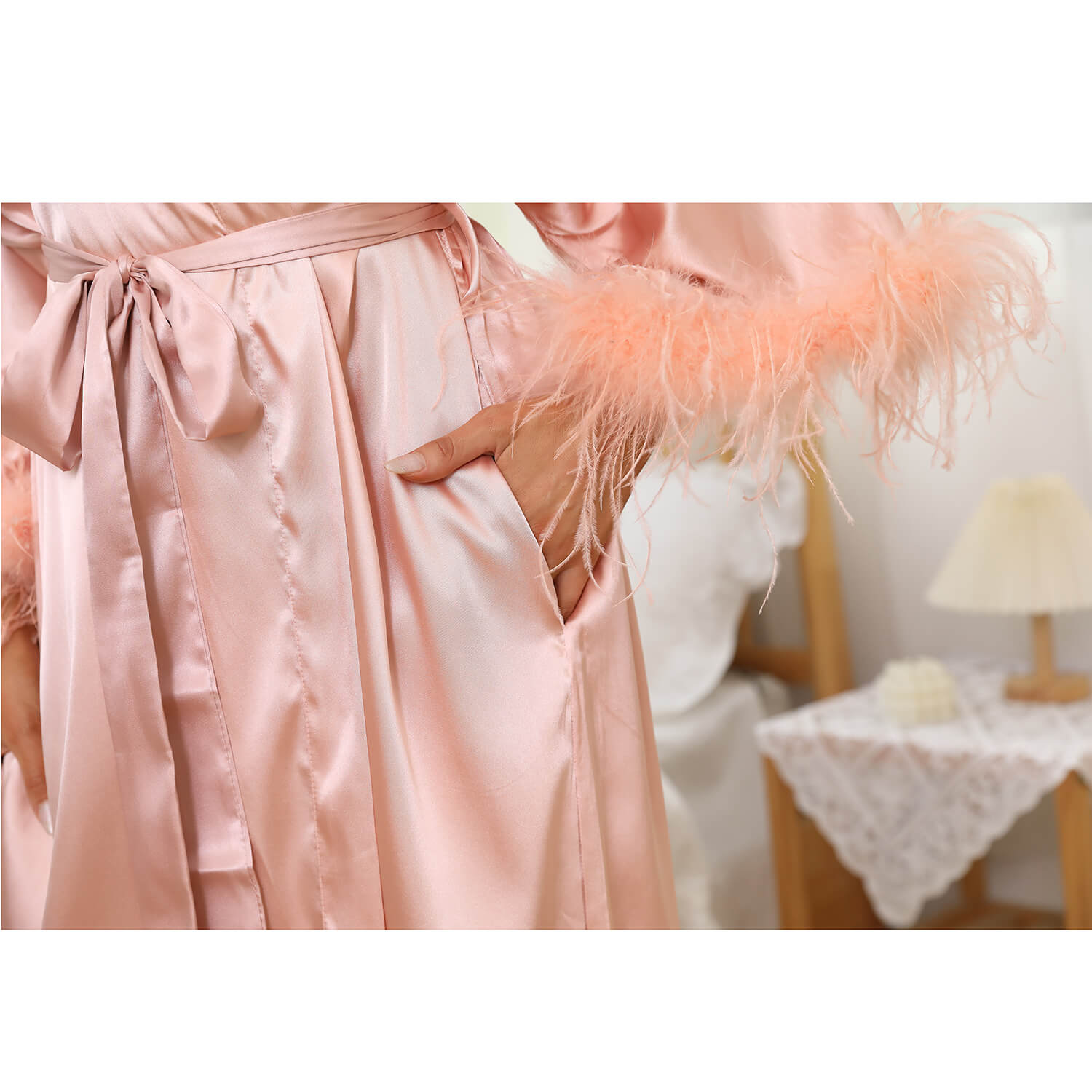 Bridal Silk Kimono Robes With Ostrich Feather Silk Robe