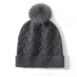 Cable Knit Cashmere Beanie with Pom Textured Cashmere Hat
