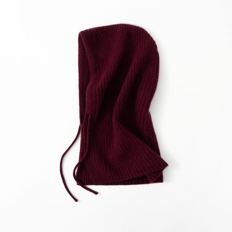 Cashmere Ribbed Knit Hood Adjustable Drawstring Cashmere Balaclava