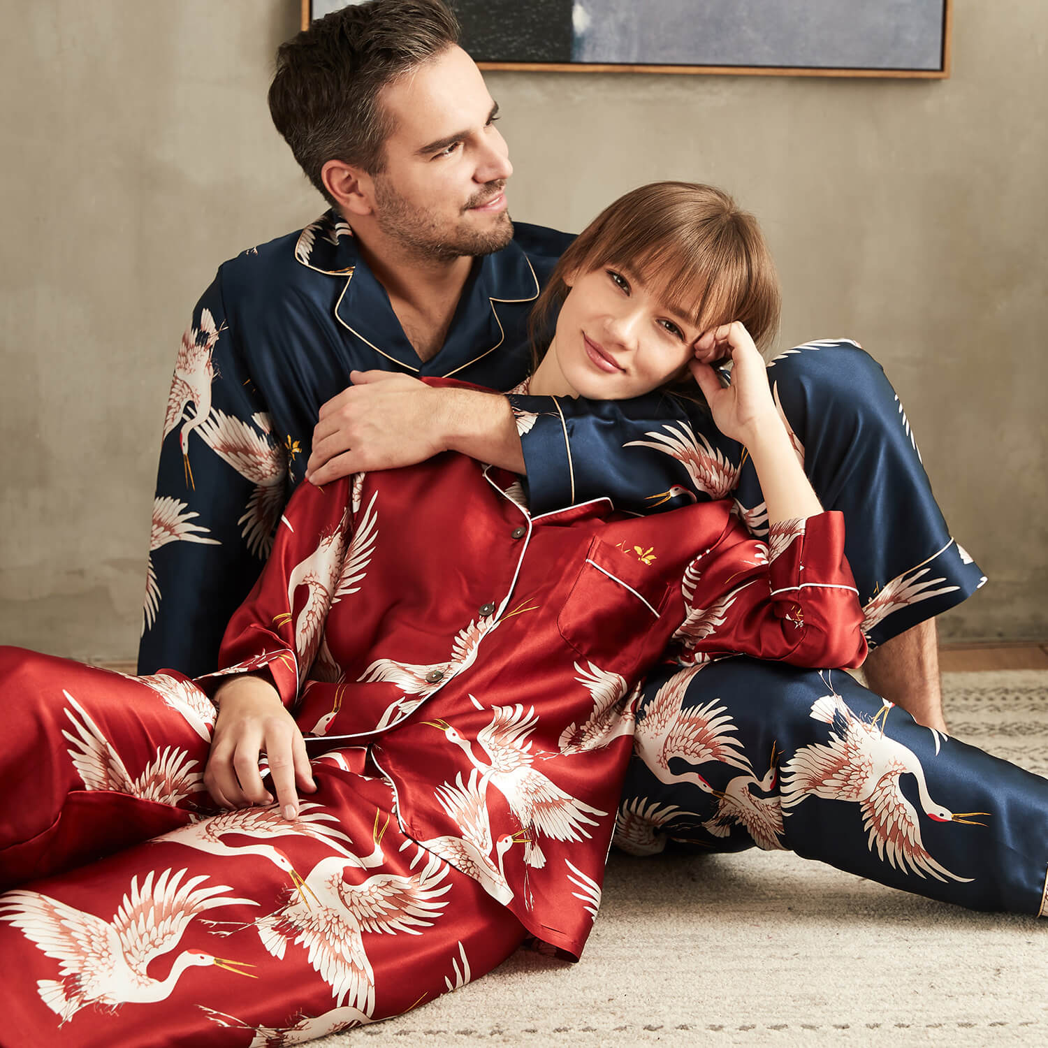 Long Crane Printed Silk Pajamas Set For Couples