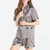 Dark Grey Silk Pajamas Shorts Set with White Trimming