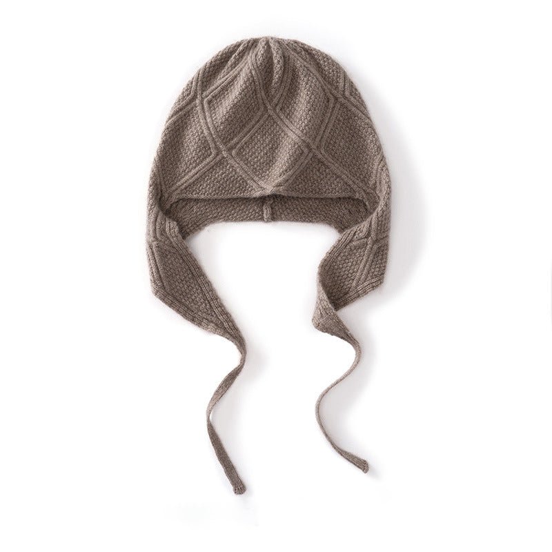 Diamond Knit Pure Cashmere Beanie Cashmere Bonnet Hat with Ties