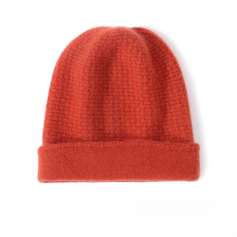 Double Layer Waffle - knit Pure Cashmere Beanie Folded Cuff Cashmere Winter Hat