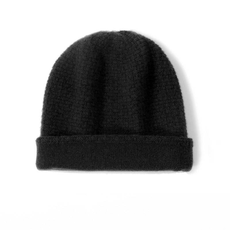 Double Layer Waffle - knit Pure Cashmere Beanie Folded Cuff Cashmere Winter Hat