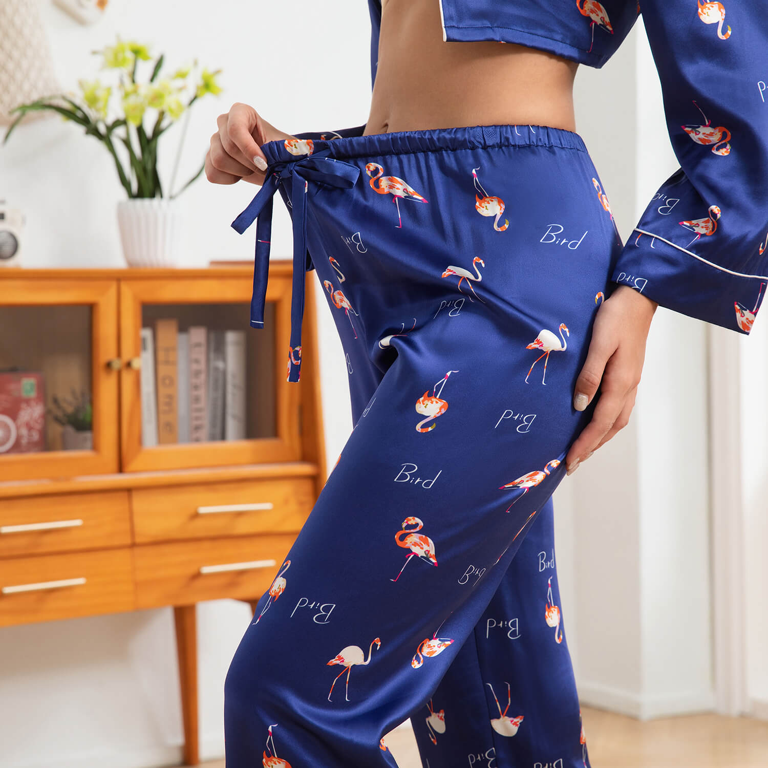 Flamingo Print Silk Pajamas for Women Long Sleeve Silk Pajama Set Silk PJS