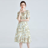 Floral pure silk Dress For womens Short Sleeve Summer Party Silk Dress