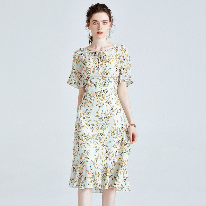 Floral pure silk Dress For womens Short Sleeve Summer Party Silk Dress