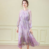 Floral Silk Midi Dress with Sheer Long Sleeves Silk Dresses for Women