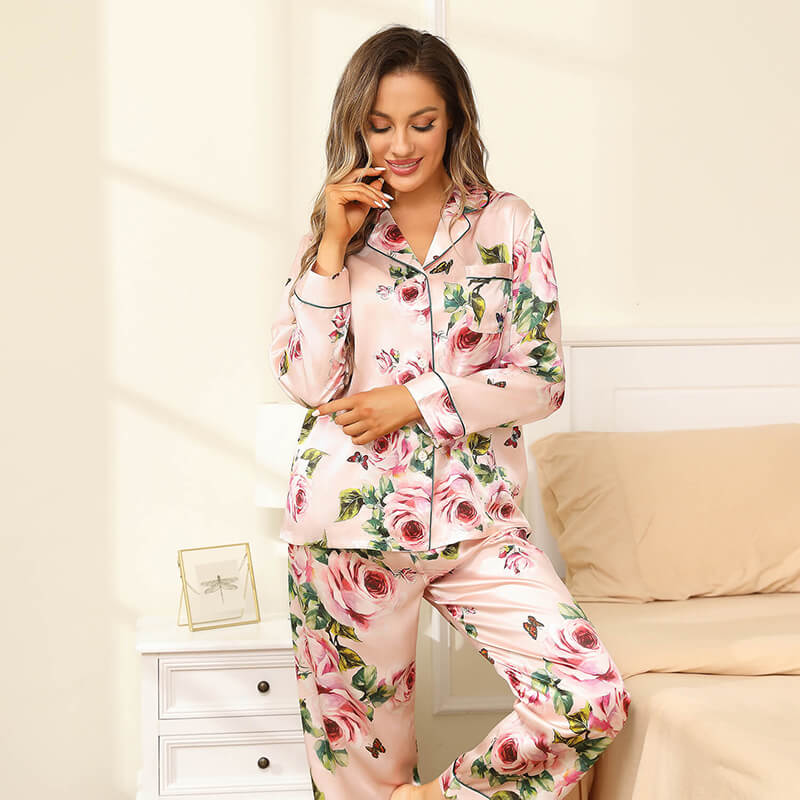Floral Silk Pajama Set For Women Printed pure Silk nightwear Pink XS