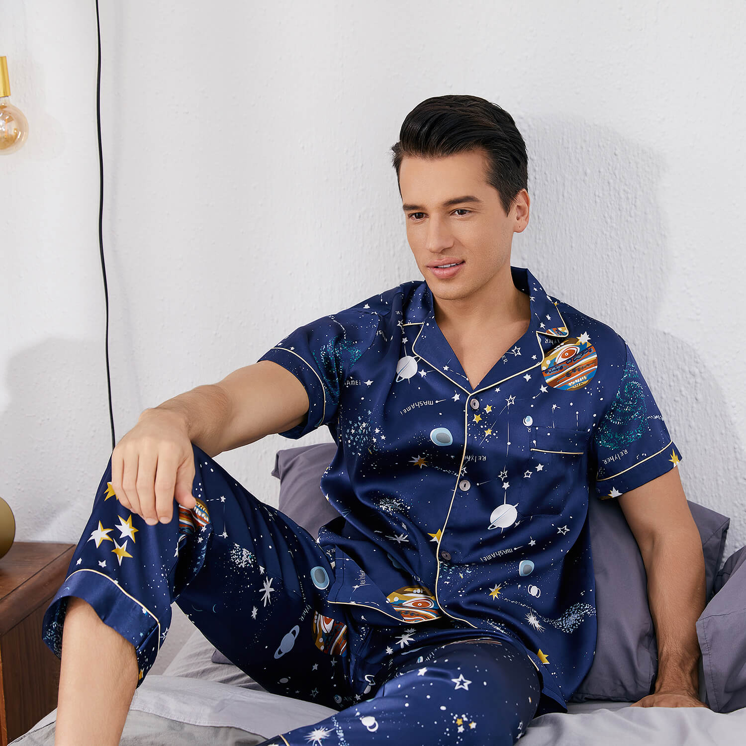 Galaxy Printed Silk Pajama Set For Mens Luxury Silk Nightwear