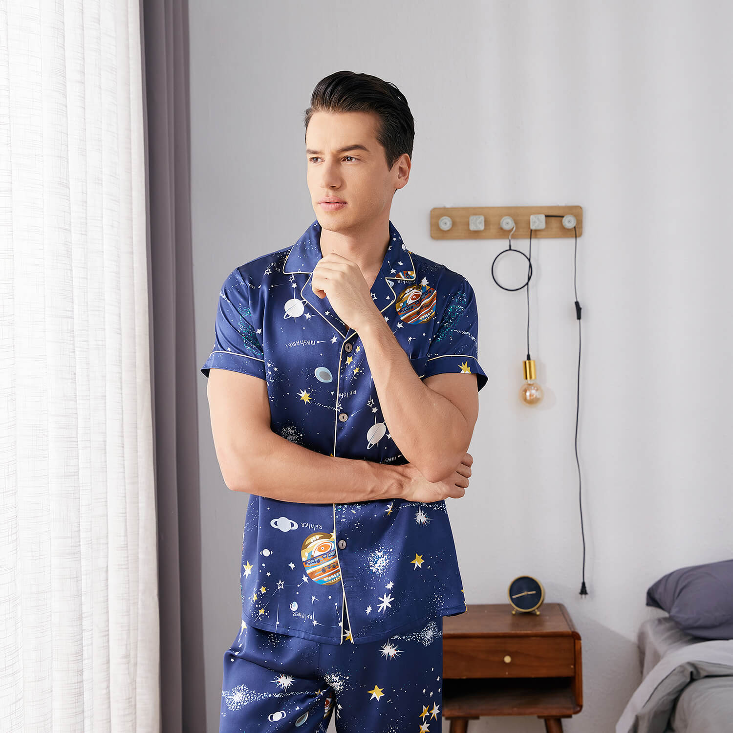 Galaxy Printed Silk Pajama Set For Mens Luxury Silk Nightwear