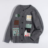 Kids Cashmere Cardigan Village Scene Knit Long Sleeve Cashmere Sweater