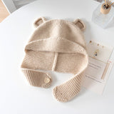Kids Cashmere Knit Hat with Button Strap Bear Ear Cashmere Beanie