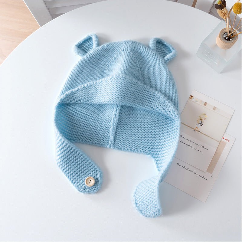 Kids Cashmere Knit Hat with Button Strap Bear Ear Cashmere Beanie