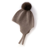 Kids Ribbed Cashmere Hat with Earflaps and Fluffy Pom Cashmere Knit Cap