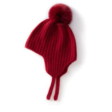 Kids Ribbed Cashmere Hat with Earflaps and Fluffy Pom Cashmere Knit Cap