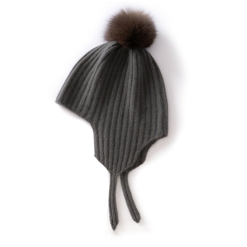Kids Ribbed Cashmere Hat with Earflaps and Fluffy Pom Cashmere Knit Cap