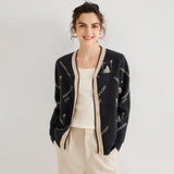 Lady Jacquard Knit Cashmere Cardigan Cat Pattern V Neck Cashmere Coat