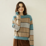 Lady Striped Cashmere Sweater Crewneck Colorblock Knit Drop Shoulder