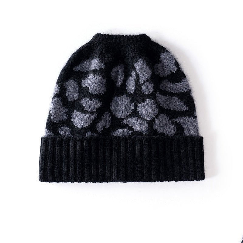 Leopard Jacquard Cashmere Beanie for Women Rib Knit Cashmere Hat